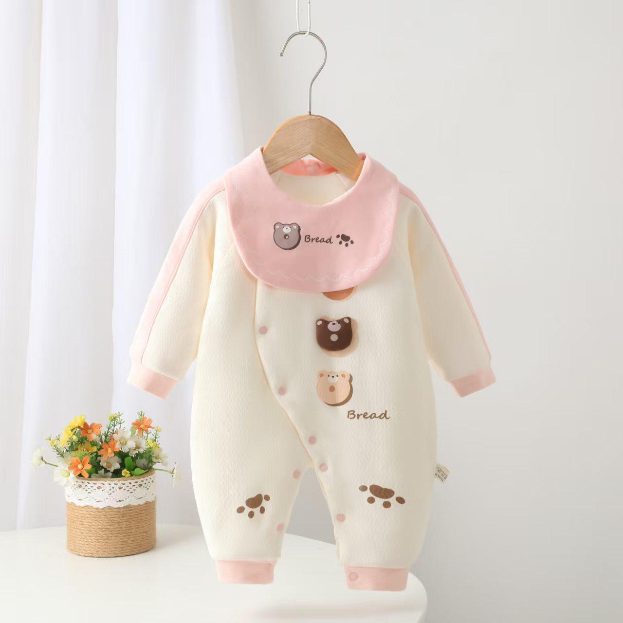 婴儿连体衣冬季棉服衣服宝宝夹棉保暖加厚新生儿棉袄秋冬装送围嘴