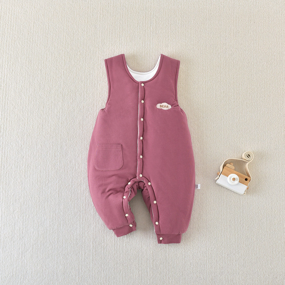 婴儿背带裤秋冬季a类100g薄棉连体裤男女宝宝居家保暖按扣爬爬服