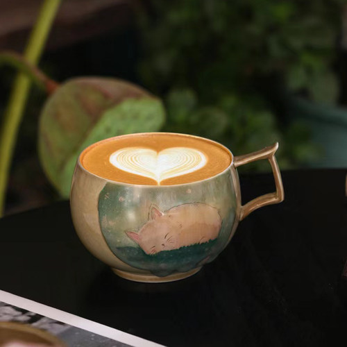 手绘猫咪仿柴烧拉花杯
