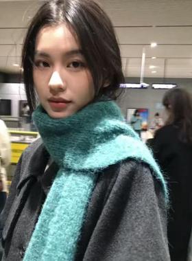 韩国氛围感定制松石绿色针织含羊毛围巾女冬季保暖显白百搭围脖纯