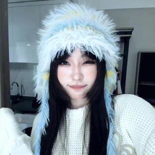 檀檀同款星星炸毛兔兔耳朵毛绒绒帽子女秋冬季保暖钩织显脸小防寒