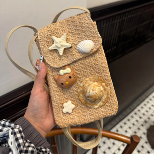 ins风~可爱kt猫咪手机包女手工编织小挎包度假出门遛弯镂空斜挎包