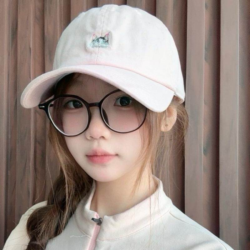 运动感韩系可爱粉色猫咪刺绣鸭舌帽子女春夏宽檐遮阳显脸小棒球帽