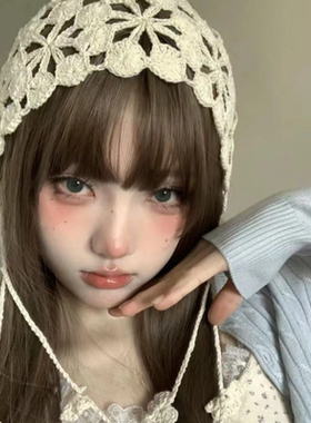 新中式轻国少女风手工钩针织镂空花朵流苏套头帽女生春夏透气包头