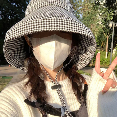 大帽檐千鸟格防晒渔夫帽显脸小女
