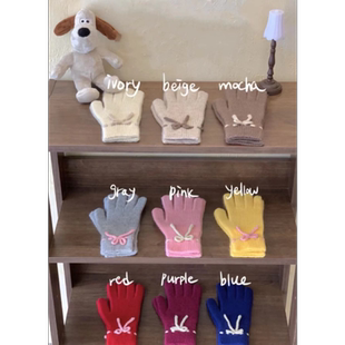 奶fufu韩女蝴蝶结织带手套2024冬季新款骑行防风保暖针织毛线露指