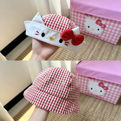 可以翻折帽檐的红色格子kt猫渔夫帽两种帽型女春夏蝴蝶结贝雷帽子