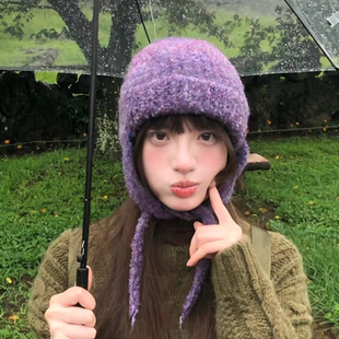 保暖护耳圈圈纱渐变色雷锋帽 韵味葡萄紫纯手工钩针毛线帽女秋冬季