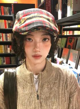 松下质感~日系古早红黑撞色格纹前进帽女春夏复古小众报童帽文艺