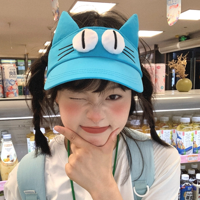 瑞同学原创！可爱大眼萌猫湖蓝色空顶遮阳帽女生夏季防晒卡通耳朵