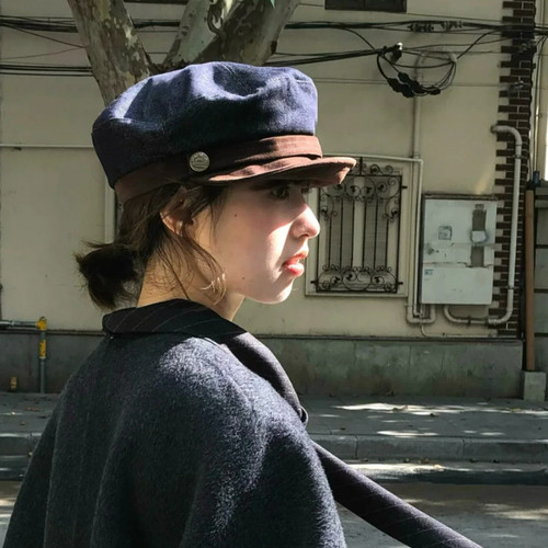 韩系姐姐~麂皮绒牛仔拼接八角帽女秋冬新款优雅百搭显脸小贝雷帽
