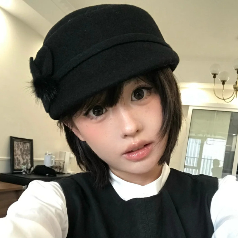 高端气质~复古秋冬季羊毛呢毛球花朵马术帽女保暖百搭显脸小礼帽