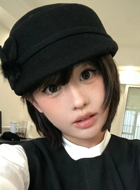 高端气质~复古秋冬季羊毛呢毛球花朵马术帽女保暖百搭显脸小礼帽