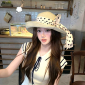 法式 赫本波点蝴蝶结翻边草帽女夏季 大檐千金遮阳度假水手风渔夫帽