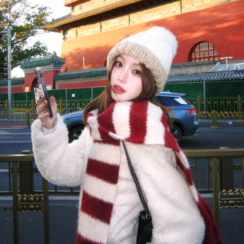 京味生活感~韩版高品质条纹长流苏针织围巾女秋冬季百搭保暖围脖