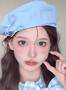 元气少女感布莱茵蓝色双蝴蝶结贝雷帽女生显脸小冰甜美蓓蕾画家帽