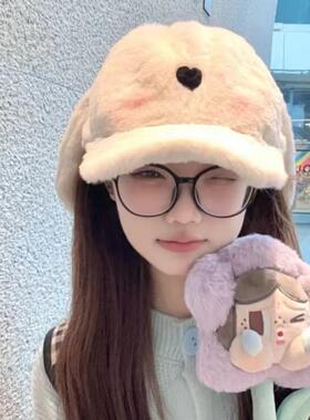 可爱少女心呼噜小兔耳朵毛绒帽子女秋冬季保暖棒球帽学生防寒休闲