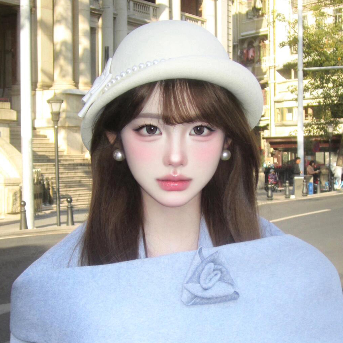 白富美气质!珍珠链蝴蝶结卷边小礼帽女秋冬季赫本风显脸小渔夫帽