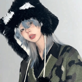 亚比小黑熊熊帽子毛茸茸女秋冬季少年感显脸小酷拽保暖加厚毛绒帽