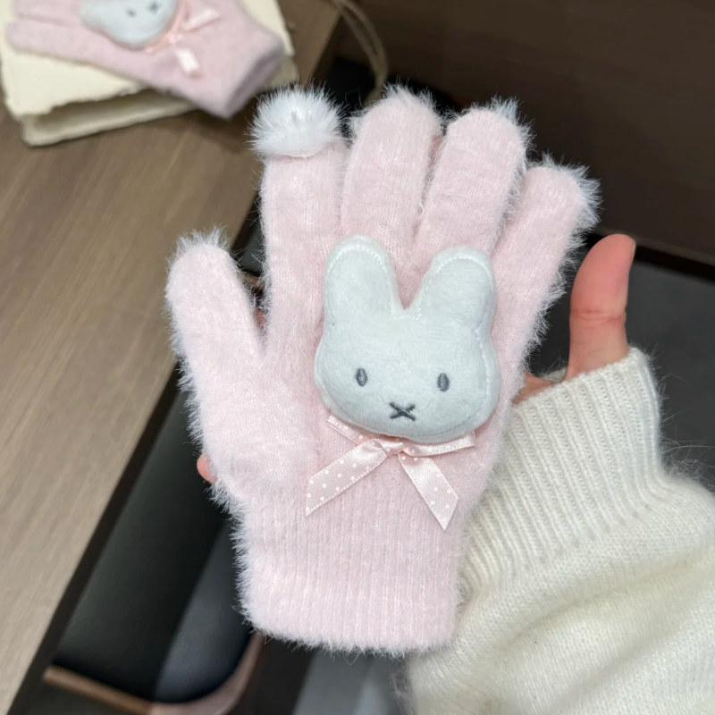 高颜值毛球蝴蝶结米菲兔仿貂毛手套女秋冬季骑行保暖全包分指手套