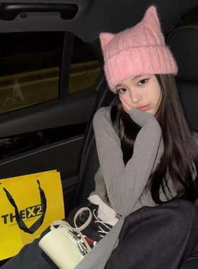喵定制嫩粉色~猫儿帽子手工拉毛女冬季显脸小保暖针织护耳包头帽