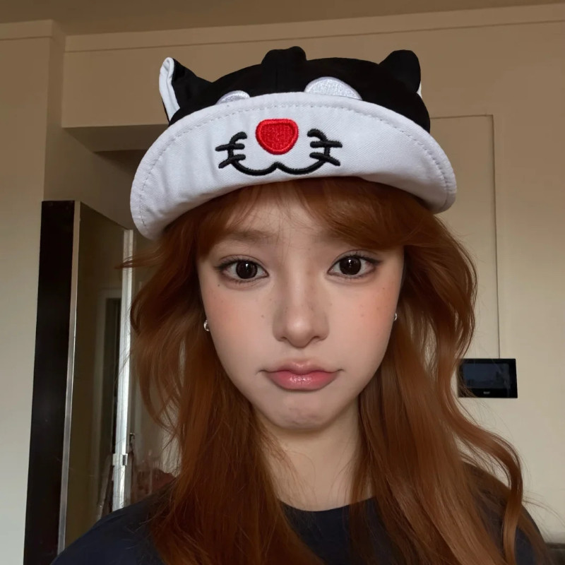 可爱大傻猫~韩国黑猫软顶翻檐鸭舌帽女新款刺绣情侣款百搭棒球帽