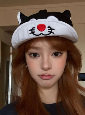 可爱大傻猫~韩国黑猫软顶翻檐鸭舌帽女新款刺绣情侣款百搭棒球帽