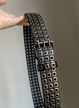 Vintage FK~朋克重金属四方珠柳钉三排气眼腰带男女同款时尚腰饰