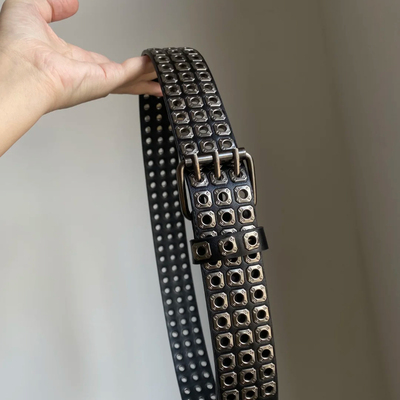 Vintage FK~朋克重金属四方珠柳钉三排气眼腰带男女同款时尚腰饰