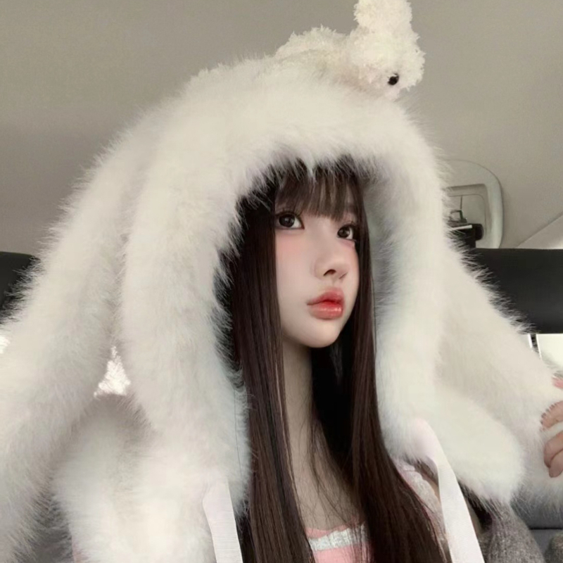 可拆卸玩偶熊熊毛绒帽子围脖一体