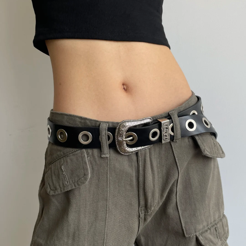 古着|粗孔雕花头y2k辣妹黑色pu皮带免打孔休闲欧美银扣宽腰带男女