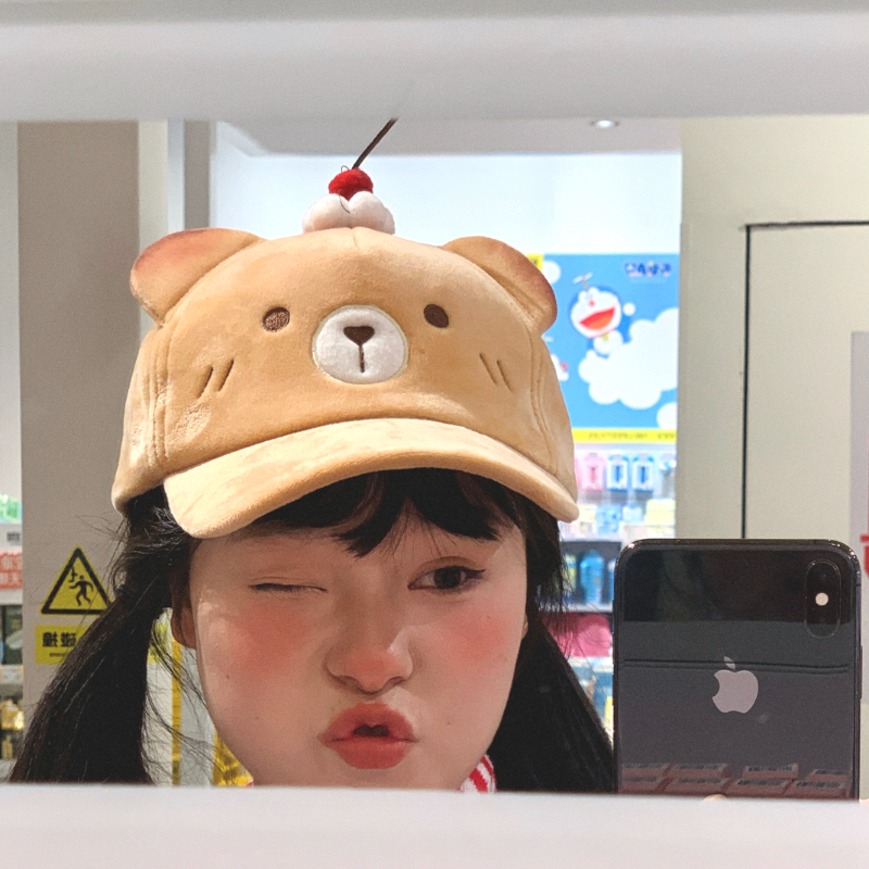 烤焦萌物！小熊可爱立体耳樱桃棒球帽女毛绒显脸小蛋糕鸭舌帽子