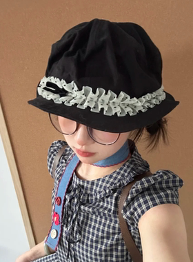 复古甜甜~日系波点蕾丝花边水母渔夫帽女春夏薄款遮阳防晒小礼帽