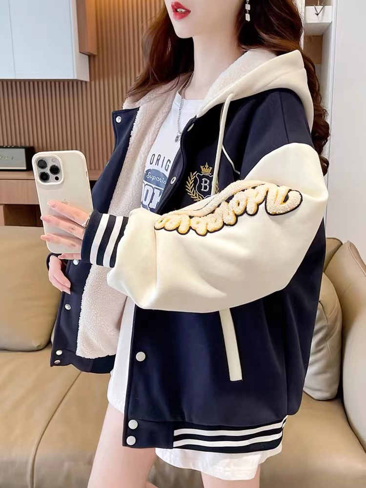 棒球服棉服加绒加厚羊羔毛外套秋冬12岁大童15初中学生13少女上衣
