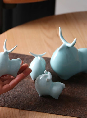 景德镇手工影青瓷新中式创意生肖牛小摆件办公室装饰套装开业礼品