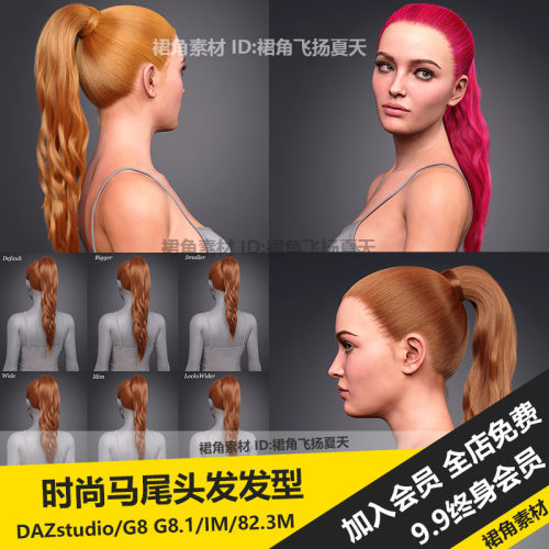 DAZ3D Studio 时尚气质女性高马尾辫子长发头发发型 3d模型素材