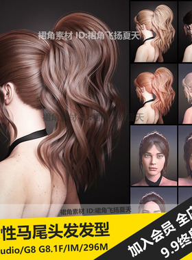 DAZ3D Studio 女性刘海马尾烫发蕾欧娜款头发发型模型 游戏3d素材