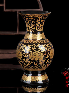 黑色金花莲花供佛陶瓷花瓶佛堂