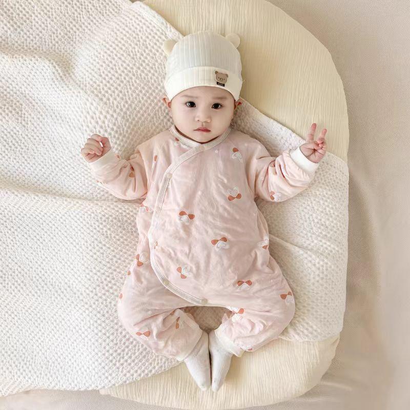 婴儿春秋衣服新生儿纯棉护肚连体衣宝宝夹棉哈衣打底薄棉爬服棉衣
