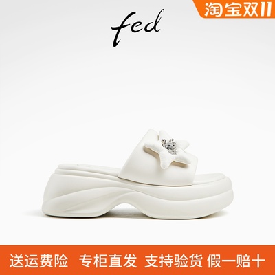 FED粗跟沙滩鞋真皮凉拖鞋