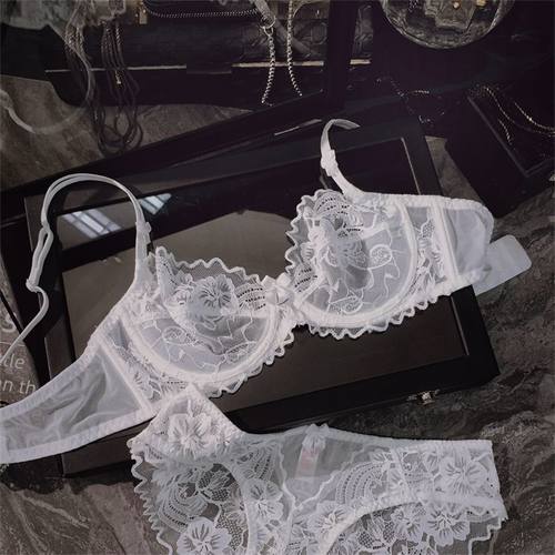 夏季超薄蕾丝内衣女大胸显小软钢圈上托性感透视无海绵文胸罩套装