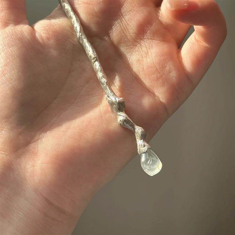 清冷感新中式簪子s925银水晶烧白银钗设计感纹理不规则树枝盘发饰