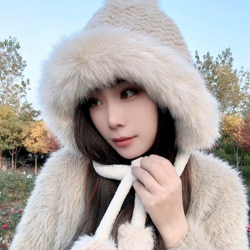 特猫柔 韩版柔软可爱毛绒绒毛球雷锋帽女款冬季加绒防风