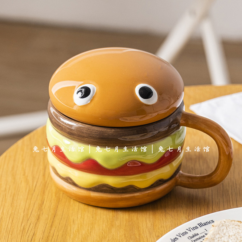 兔七月|汉堡陶瓷马克杯牛奶早餐杯带盖手绘釉下彩个性水杯咖啡杯,餐饮具,马克杯,淘宝优惠券,粉丝福利购,淘宝优惠卷