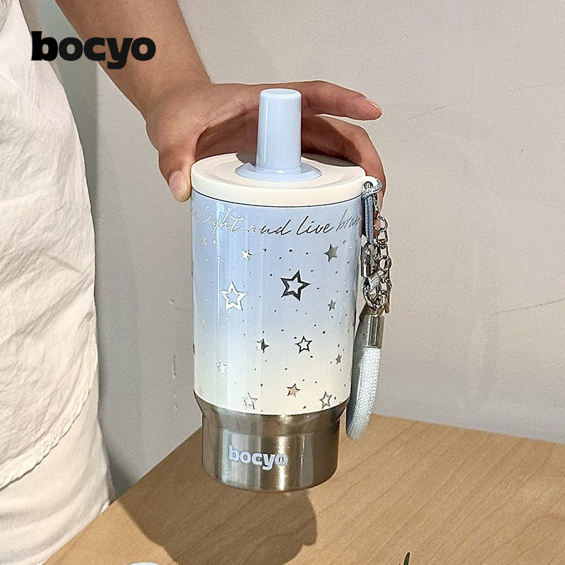 bocyo水杯保温杯女士新款学生咖啡杯高颜值保冷316不锈钢吸管杯子