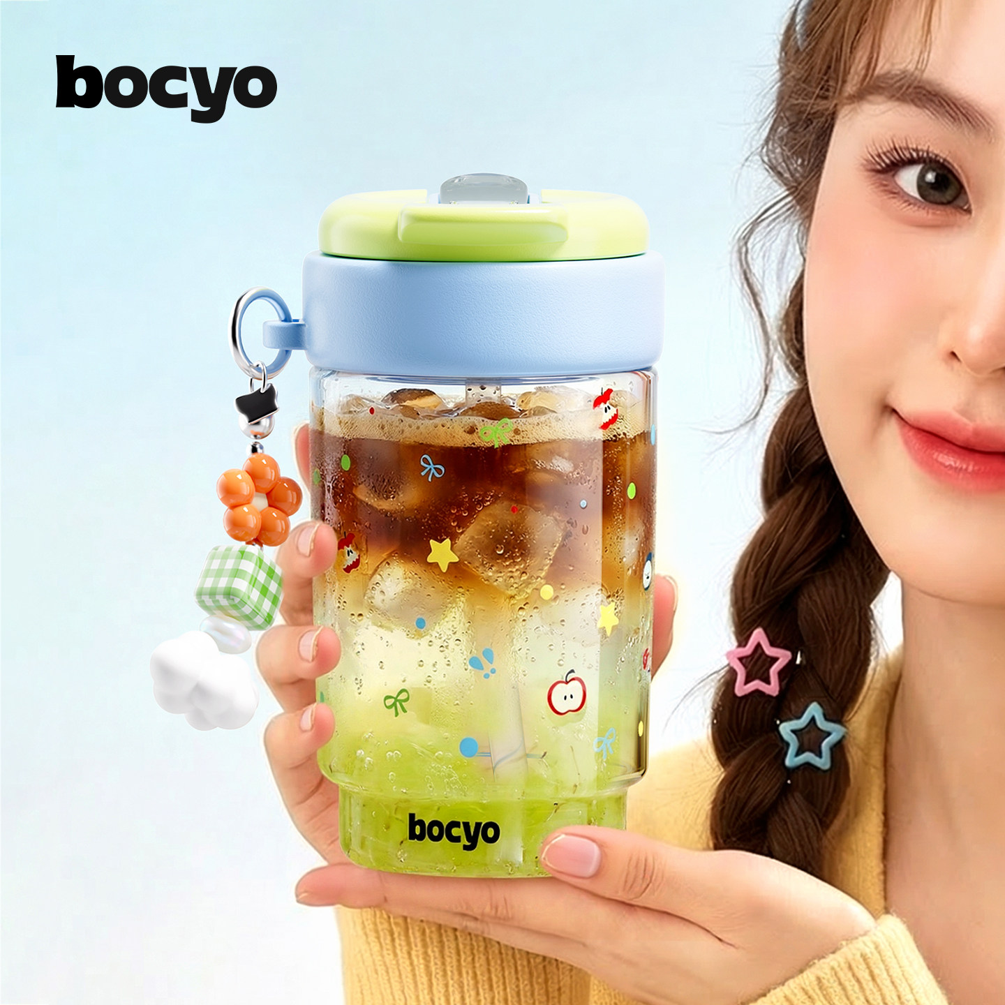 bocyo水杯玻璃杯女夏日2026新款咖啡高颜值学生外出携带吸管杯子
