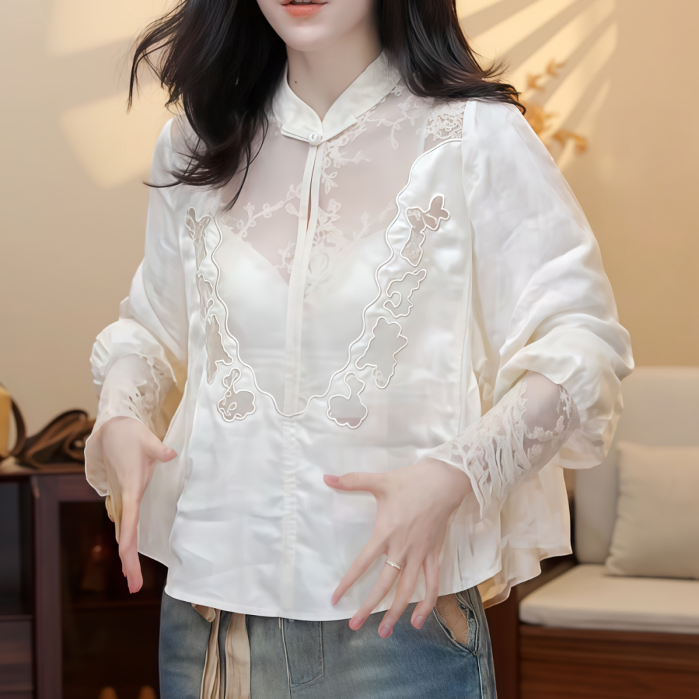 花边衬衫女白色立领长袖气质上衣