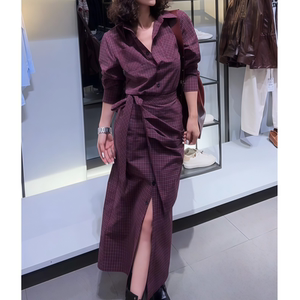 2026年新款时尚春季法式复古红色格纹衬衫连衣裙女款收腰开叉长裙