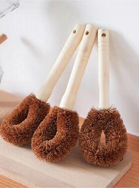 Natural Coconut Fiber Pot Scrubber with Long Wooden Handle -