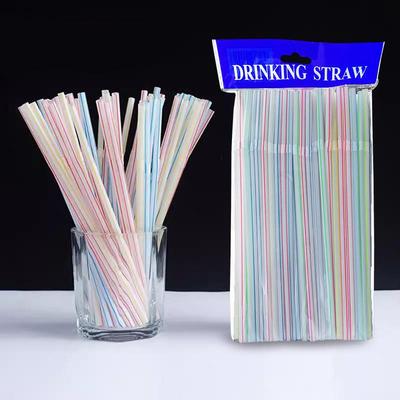 A pack of 100 disposable, colorful, flexible plastic straws.